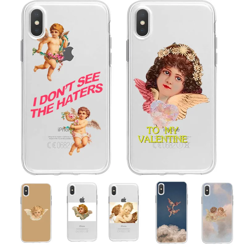 

LAUGH LIFE Transparent Phone Case for iPhoneX XS XR XSMax 7 8 Plus Vintage Oil Painting Style Cute Little Angel Soft TPU Cover