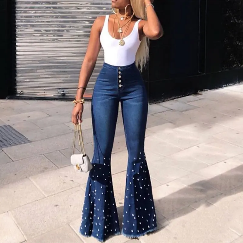 

Fashion Denim Flare Pants Women Retro Beading Jeans Wide Leg Trousers Lady 2019 Autumn High Waist Loose Casual Flare Pant Female