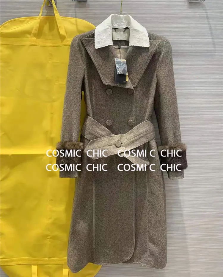 Cosmicchic зимняя женская теплая куртка дизайнерское двубортное саржевое шерстяное пальто из кожи с рукавом норки элегантное приталенное пальто