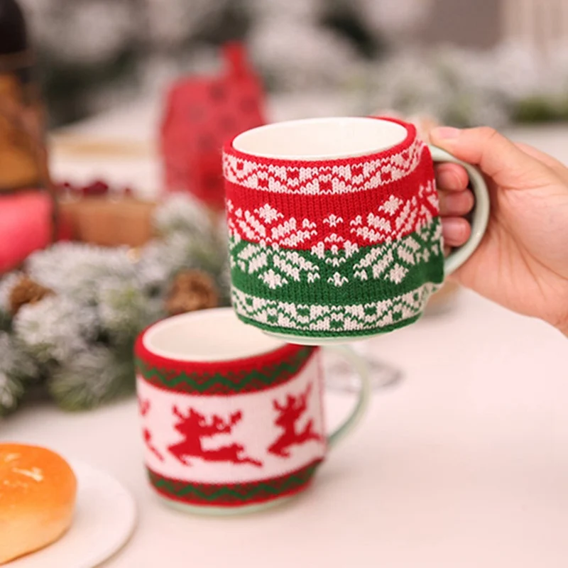 

Christmas Decoration Knitted Woolen Cup Cover Mug Cup Sleeve Xmas Tree Snowflake Elk Bottle Covers New Year Party Table Decor
