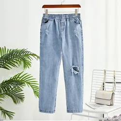 Calças femininas em linha reta perna jeans feminino cintura alta solta outono inverno calças casuais lavadas mãe moda jeans rasgado plus size