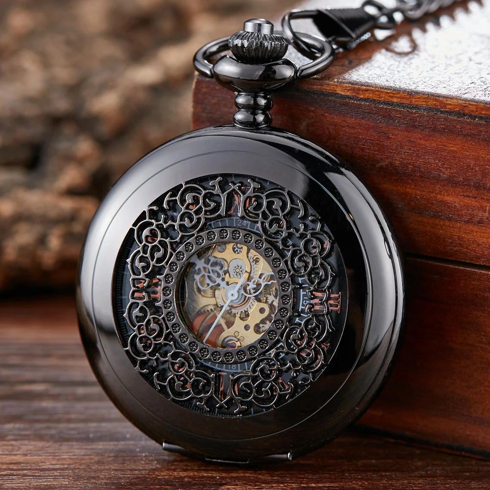 

Golden Vintage Luminous Automatic Mechanical Carved Pocket Watch Steampunk Skeleton FOB Chain Hand Winding Hollow For Men Women