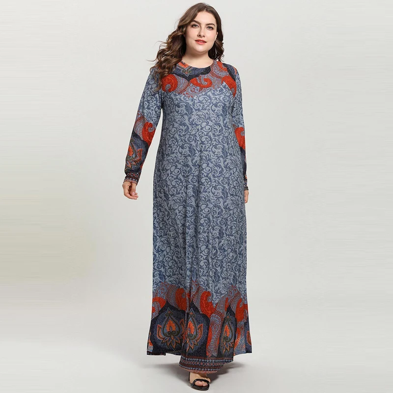 Серое Женское винтажное повседневное длинное платье с принтом Totems, большие размеры, эластичные мусульманские Арабские платья с длинным рукавом, Vestidos 3XL 4XL