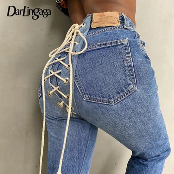 

Darlingaga Back Patchwork Lace Up High Waist Denim Pants Women Fashion Bandage Jeans Skinny Blue Pencil Pants Streetwear Bottoms