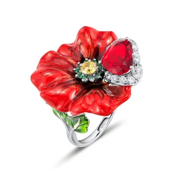 

BUYEE 100% 925 STERLING SILVER FLOWER RING WOMEN BIG RED STONE WITH ENAMEL BIG RING FOR WOMEN PARTY WEDDING JEWELRY GIFT