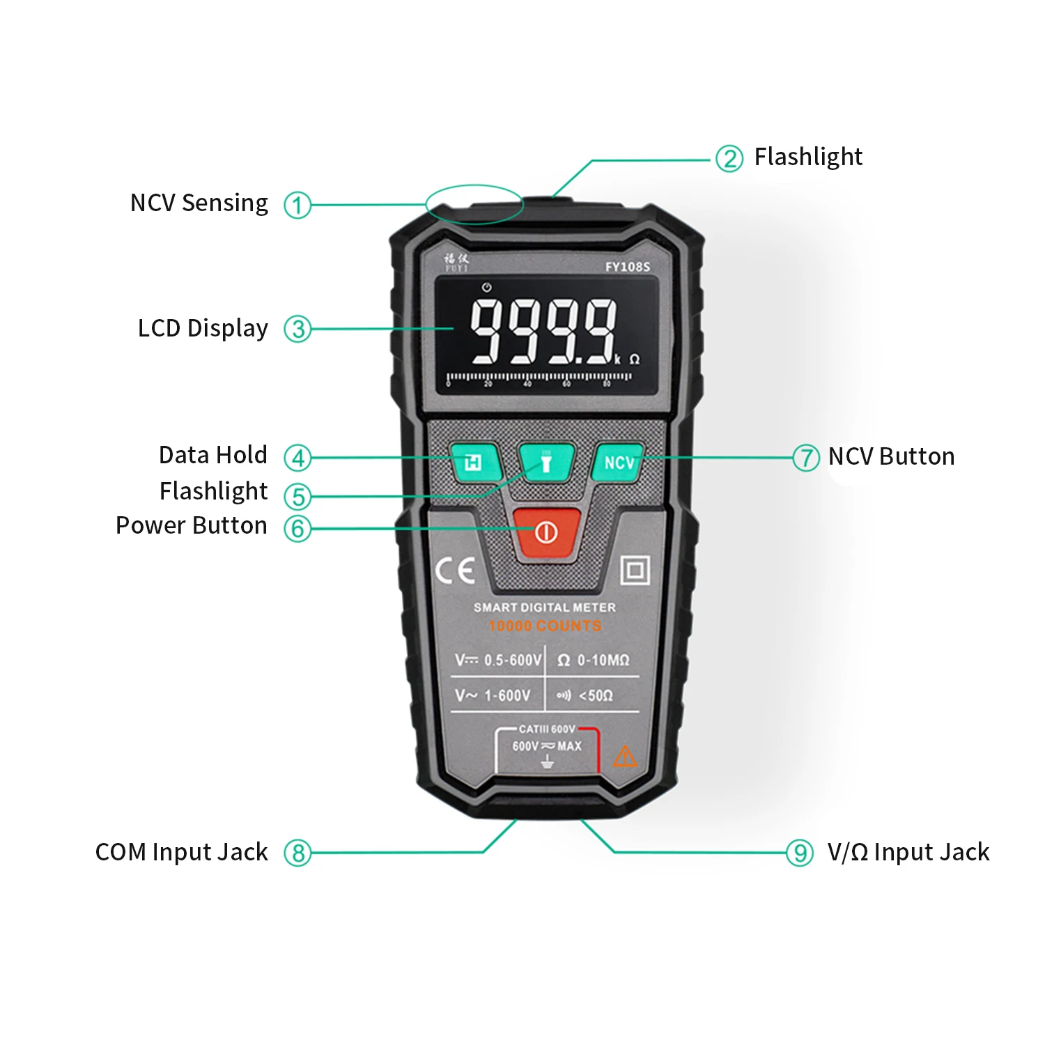 FUYI FY108S 9999 Counts True RMS Handheld Mini Digital Multimeter AC/DC Voltage Continuity Buzzer Automatic Multimeter