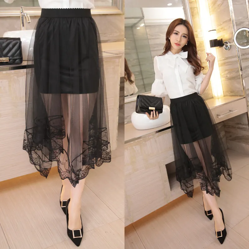 

Summer Lace Fairy Skirt Sexy Perspective Gauze Irregular Longuette