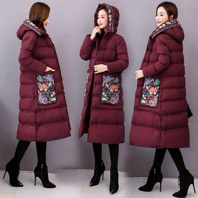 

Fashion National Wind Long Cotton-padded Clothes Women's Winter New Style Cotton Coat Embroidered Frog over-the-Knee Hooded Cott