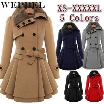 

WEPBEL Women's Fur Collar Peacoat Winter Coat Jackets Vintage Woolen Coat Double Buckle Trench Coats Lady Outwear Plus Size 5XL