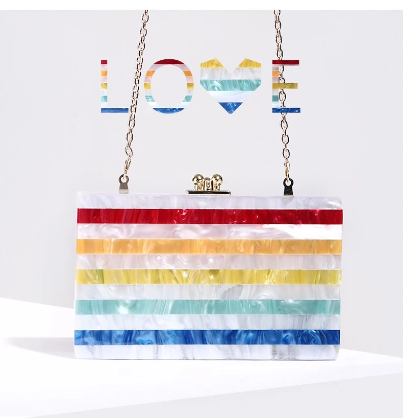 

Fashion stripe splicing pearlescent acrylic makeup bag 2020 new style cosmetic bag in hand across the banquet with one shoulder