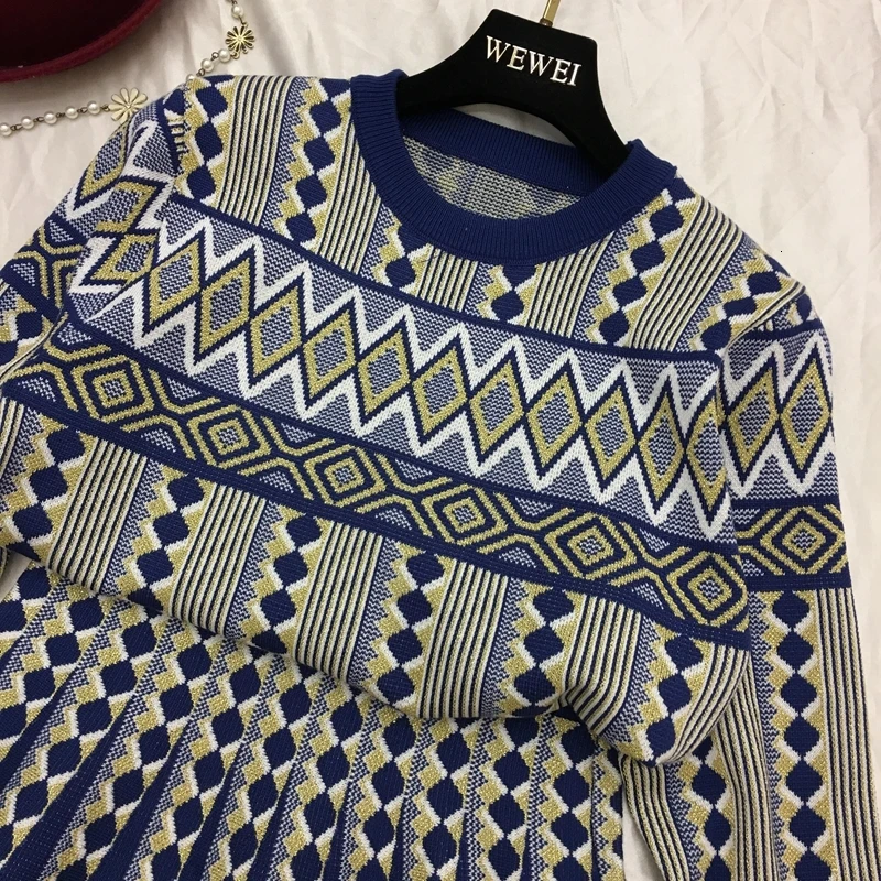 Женский винтажный вязаный свитер, юбки, комплекты с геометрическим принтом, женские трикотажные костюмы