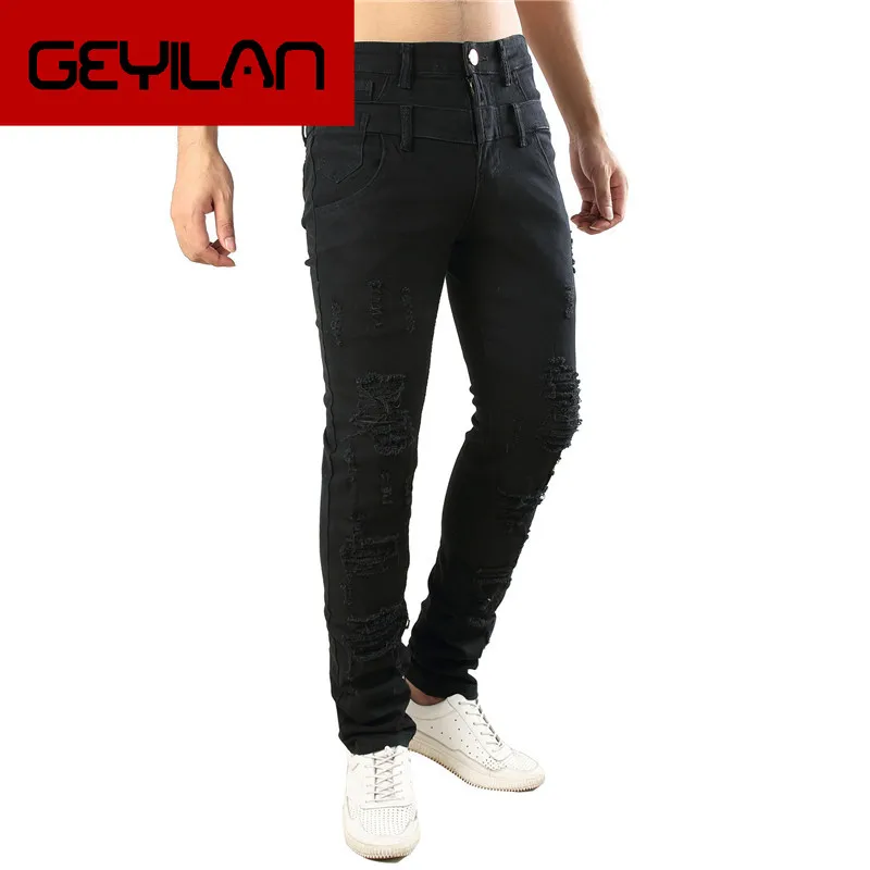 

2019 New Men's Hole Casual jeans Fake Double pants Personality Men's Casual trousers Black Casual pants More Size 29-42