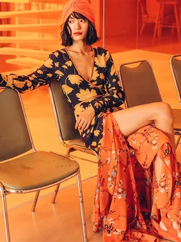 

Original Design AIGYPTOS Spring Summer Women Bohemian Beach Casual Dresses Sexy V-Neck Floral Print Ruffles Front Split Dresses