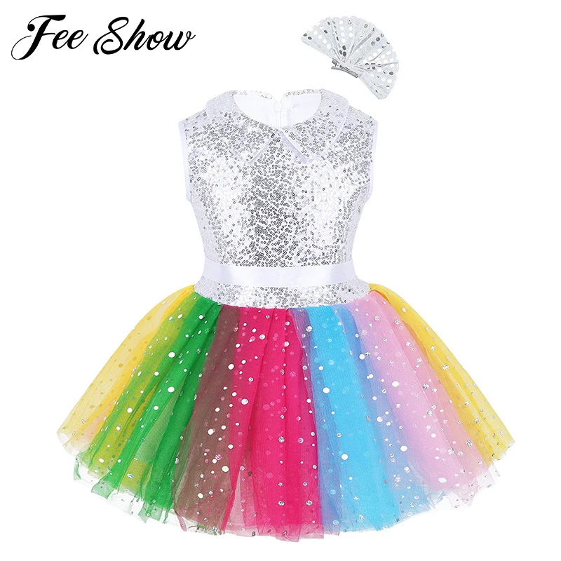 Детское Радужное платье-пачка с блестками для девочек; модное фатиновое платье без рукавов с зажимом для волос; яркие детские вечерние платья для танцев для девочек