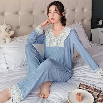 

20 Korean Fashion Homewear New Autumn Long Sleeve Suit V-neck Princess Style Pajamas Can Outside Wear Woman Lace Pajama Set