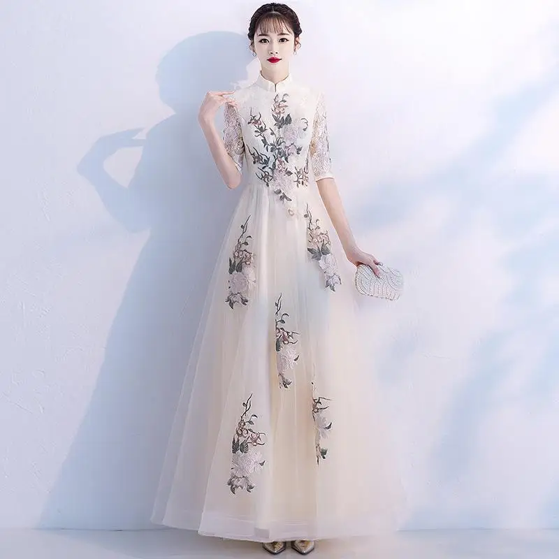 Кружевное женское тонкое платье с вышивкой; вечерние длинные платья Cheongsam; свадебное платье; Qipao; пикантная одежда в китайском стиле; Vestido - Цвет: Champagne - G