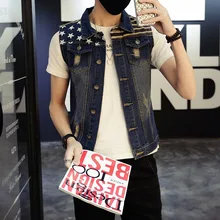 Весенний стиль, мужской джинсовый жилет без рукавов, корейский стиль, приталенный мужской джинсовый жилет, модный мужской жилет