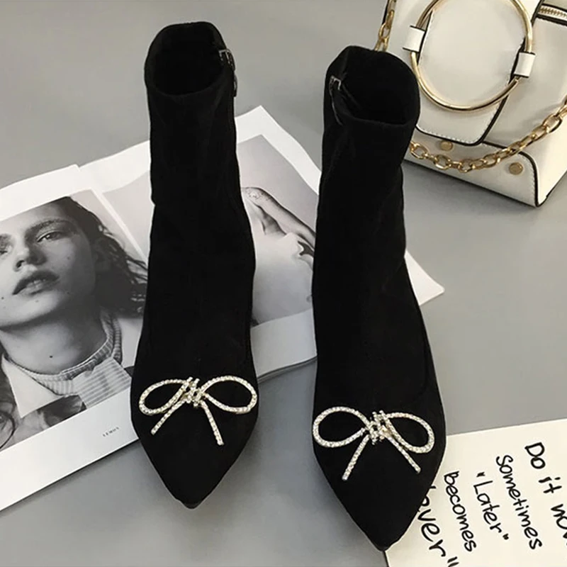 Scarpe donna/ботинки-носки; женская обувь на высоком каблуке; chaussures femme; ботильоны с бантом-бабочкой; ботинки с острым носком на молнии; Botas Bling