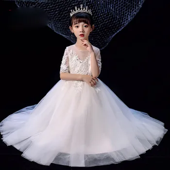 

2020Spring Autumn Pure white Color Appliques Flowers Wedding Party Birthday Ceremony Princess Mesh Dress For Piano Host Costumes