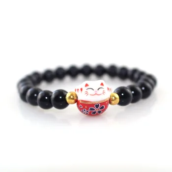 

50pcs/lot Women Lucky Cat Bracelets Obsidian Stretch Rope Bracelet Natural Stone Beads Bracelet Ceramic Lucky Cat Cute bracelet