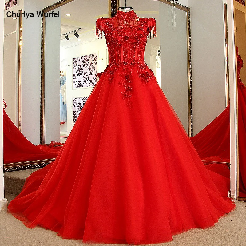 

LS87003 Red party gowns designs lace up back cap sleeves high neck A line beaded long formal evening dress real photo