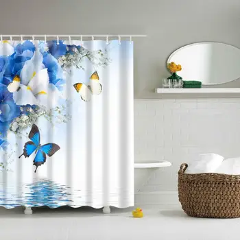 

Waterproof Thicken 3D Shower Curtain Blue and White Flowers Butterfly Mildew Proof Bath Tub Curtain with 12 pcs Hooks