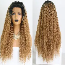 Бомба Черный корнями коричневый кудрявый вьющиеся синтетические 13*3 Синтетические волосы на кружеве парик из натуральных волос термостойкие синтетические волосы Для женщин парики