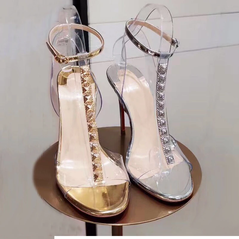 

Big Size 35-42 Gold Sandals High Heels Sexy PVC Clear Sandals Silver Rivet Gladiator Sandals 12cm Heel Sandal Summer Shoes