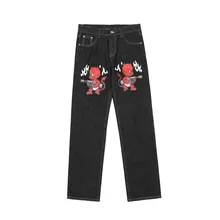 Pantalones vaqueros de algodón con estampado malvado para hombre, Jeans rectos y sueltos de estilo Hip Hop, ropa de estilo Academia oscura, color negro, 2021