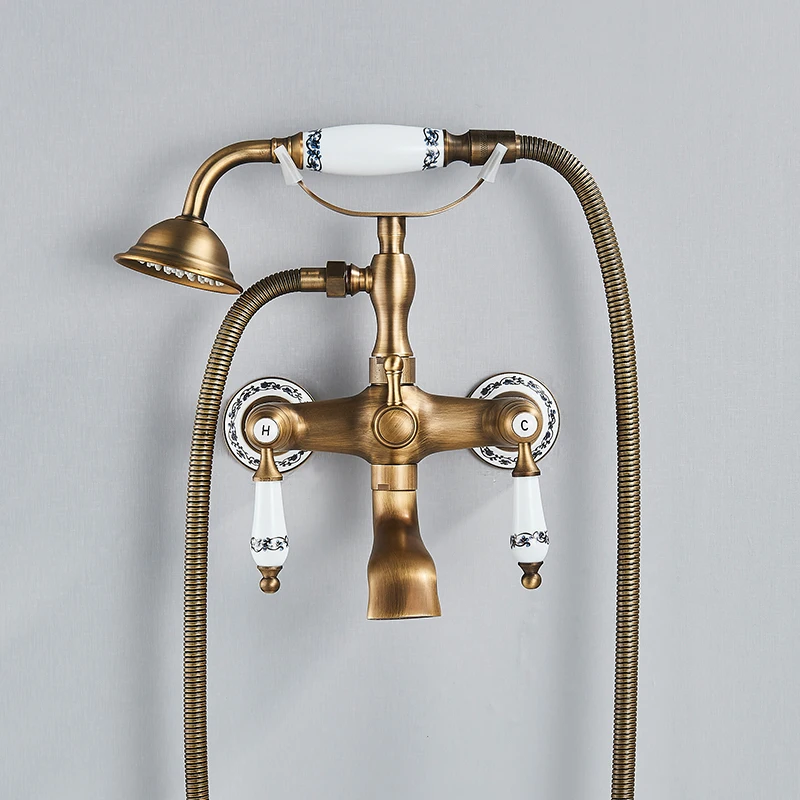 Rozin Retro Style Brass Bathtub Shower Faucet Set Dual Knobs Wall Mounted Bathtub Mixer with Handshower and Swivel Tub Spout Tap 3