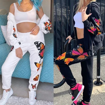 

Butterfly Pattern Hoodied Loose Oversized Pullover Sweetown Long Sleeve Zipper Up Pocket Casual Hoodies For Women Streetwear