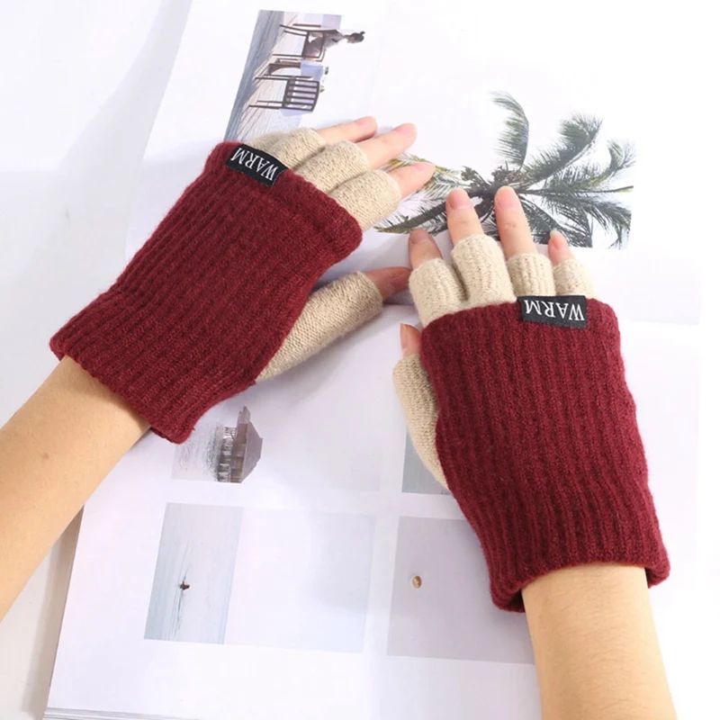 Шерстяные зимние женские перчатки, вязанные эластичные перчатки без пальцев, теплые перчатки без пальцев