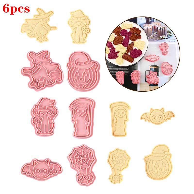 6pcs/set Halloween Cookie Cutters Mold 3D Cartoon Biscuit Stamp Mold Baking Accessories Bakery Mold for Halloween Baking