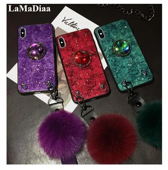 

For iPhone11 Pro X XR XS MAX 6 7 8 Plus For SamsungS8 S9 S10 Note10 9 Marbled Diamond Stand Fashion Hair ball Lanyard Cover Case