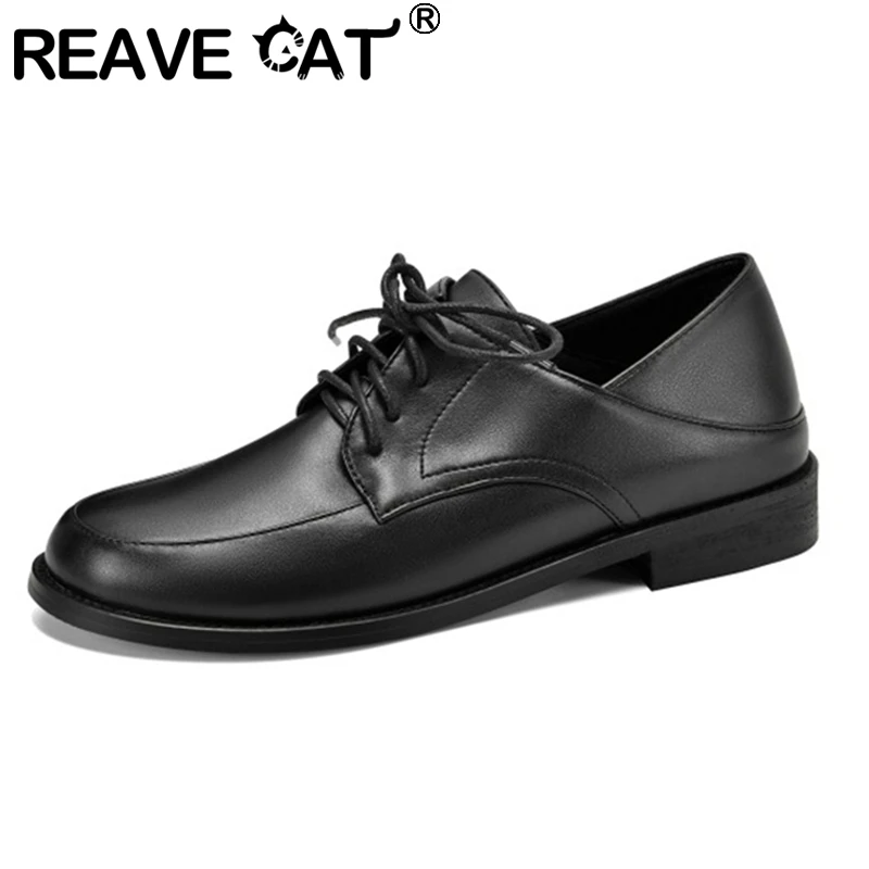 

REAVE CAT 2021 Spring Lace Up Top Cowhide Deep Mouth Women Leather Thick Bottom Non Slip Flat Shoes Large Size 31-43 F1616