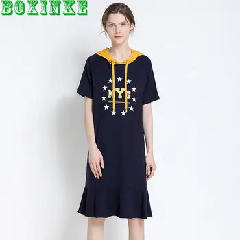 

2020 Summer New Fashion Large Womens Wear Korean Elastic Knitted Short Sleeve Hoodie With Ruffles And Medium Length Dress