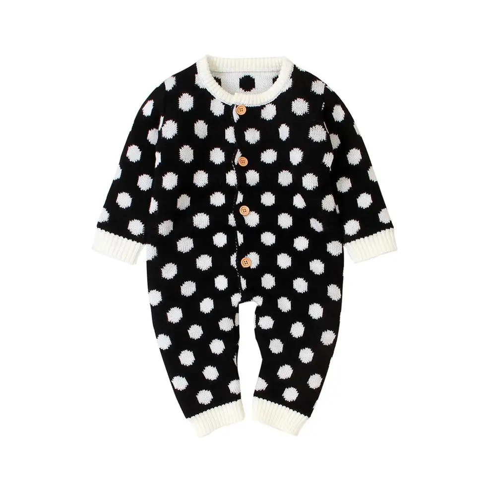 Черный Newborn Baby Boys Girsl Autumn Winter Dot Sweater Knitted Long Sleeve Romper Jumpsuit Children Warm Fashion Color Outfits - Цвет: Черный