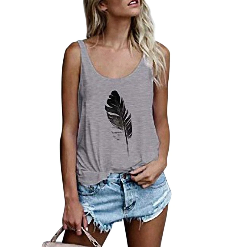 

Women's Summer Fashion Feather Print Loose Casual Vest T-Shirt Top
