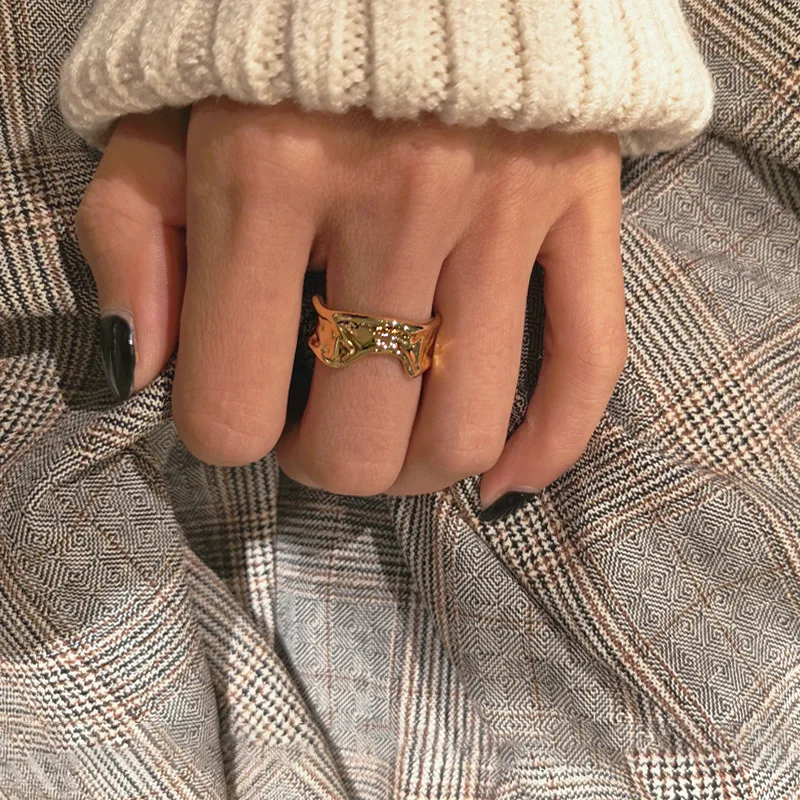 Silvology, 925 пробы, серебристый неправильной формы, кольца, вогнутая поверхность, фольга, бумажная текстура, простые кольца для женщин, модные офисные украшения - Цвет камня: Gold