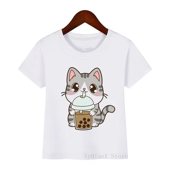 

2020 hot sale summer tops for girls boys cute cat drinking animal print t shirt girls boys funny kids clothes white tshirt boys