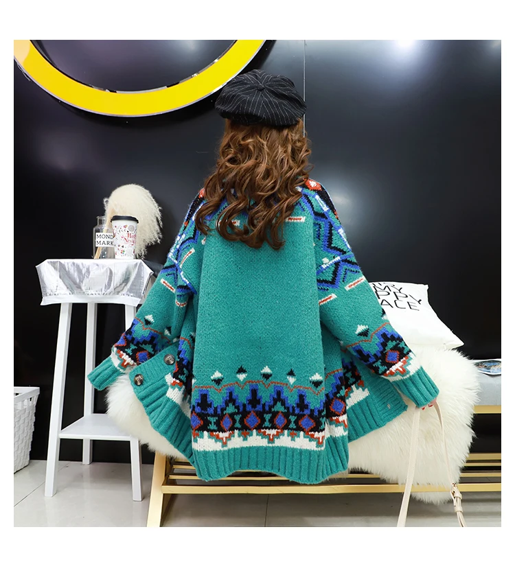 Sweater Cardigan Women Loose Mid-Autumn Autumn New Geometric Elements Long Sleeve Thicken Warm Knit Jacket