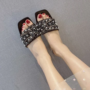 

String Bead Shoes Woman 2020 Med Slippers Casual Square heel Women Heels Pantofle Luxury Block High New Slides PU Pumps Rubber