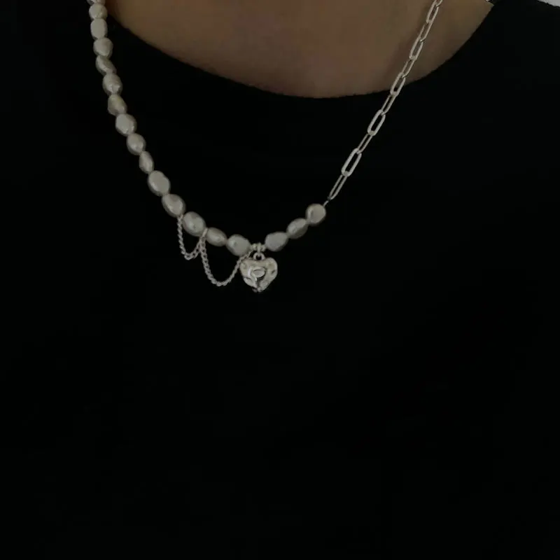 Stamp Necklace for Women Asymmetry Chain Pearls LOVE Heart Stamp Necklace