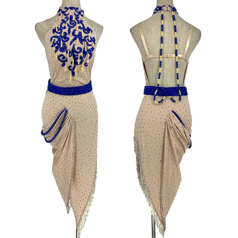 

Sparkling Diamond Latin Dance Dress Women Sexy Backless Competition Costume Sleeveless Irregular Salsa Dress Prom Wear BL6597