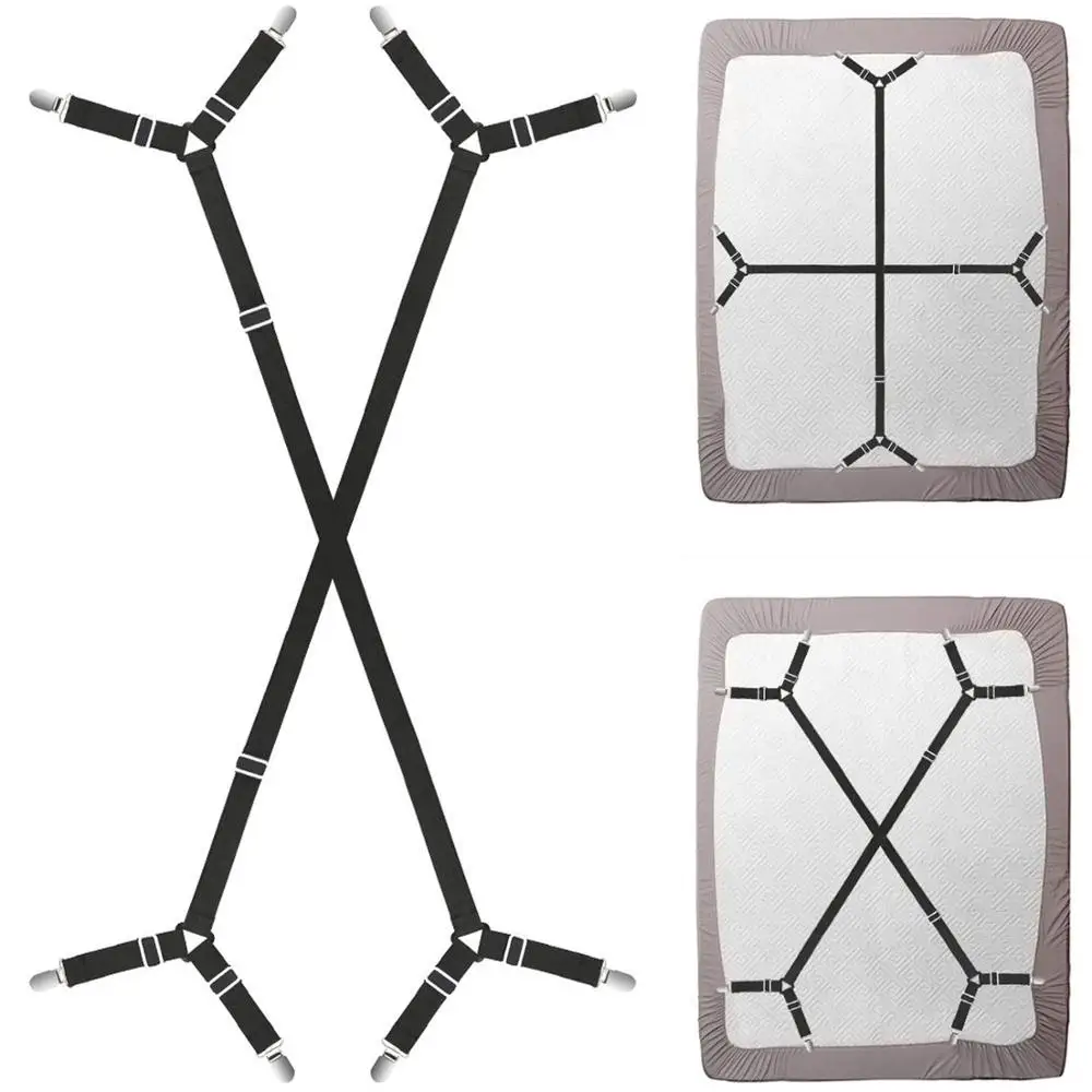4pcs Sheet Bed Suspenders Adjustable Crisscross Fitted Sheet Band Straps Grippers Adjustable Mattress Pad Duvet Cover Sheet Corner Holder Elastic Fasteners Clips Clippers White