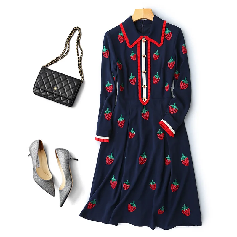 

High Quality Autumn New Women'S Fashion Workplace Party Button Vintage Elegant Chic Strawberry Embroidery Diamonds Print Dress