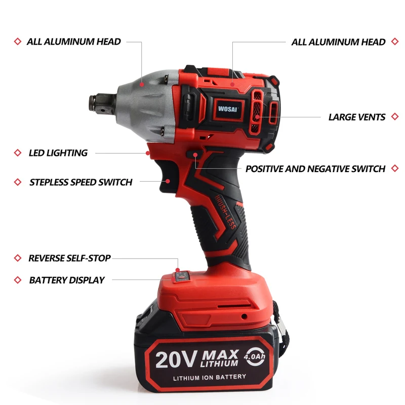  WOSAI 20V Brushless Electric Wrench Impact Wrench Socket Wrench 320N.m 4.0AH Li Battery Hand Drill 