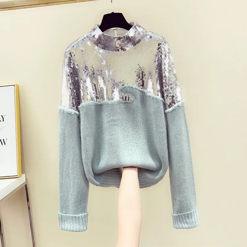 

Sequin Sweater Woman Korean Version New Winter Heavy Handmade Sequined Sweater Mohair Sweaters Top Women's Pull Femme Nancylim