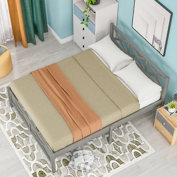 شراءسرير بلا أرجل خشبي بحجم كوين/كامل/توأم مع أرجل دعم إضافية ، إطار على شكل X بدون مرتبة 64.1x 80.7x36inch