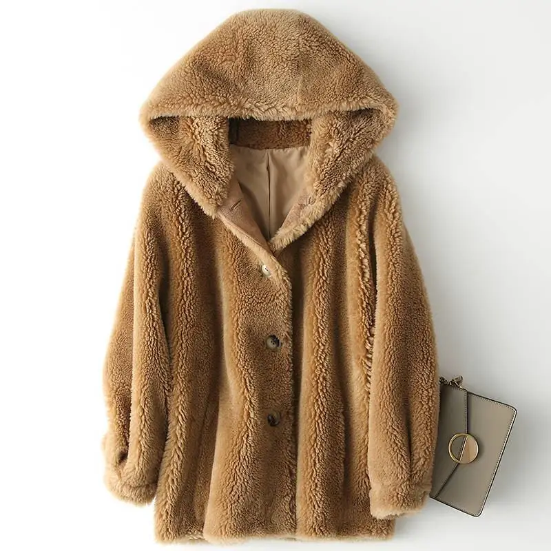 Женское зимнее пальто с натуральным мехом, с капюшоном, из плюша, Овечья стрижка, женская утепленная, теплая, из натурального меха ягненка, шерстяное пальто, K323